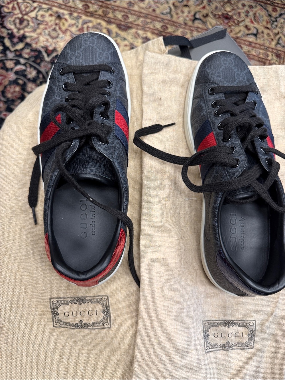 Gucci Men’s Black GG Canvas Sneakers with Red & Blue Web